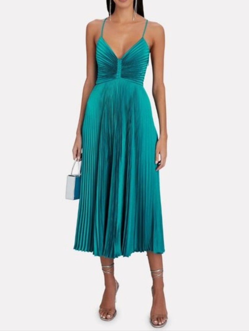 A.L.C. Gemini Teal Pleated V-Neck Cut Out Midi Dress Nwt Size 4